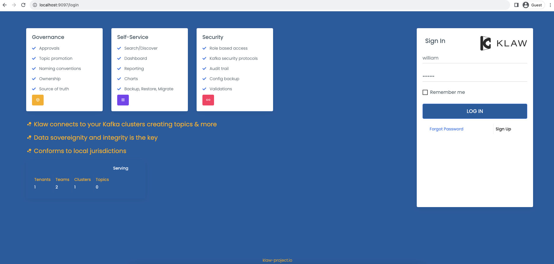 Screenshot: Klaw's login page